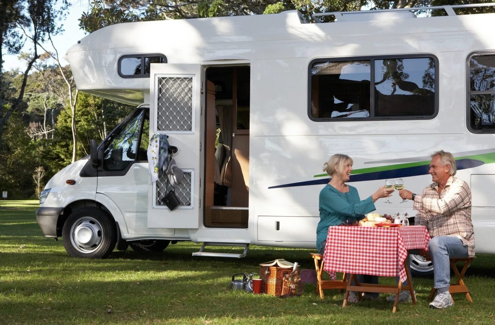 A couple toasting their wine glasses while having a picnic outside their RV